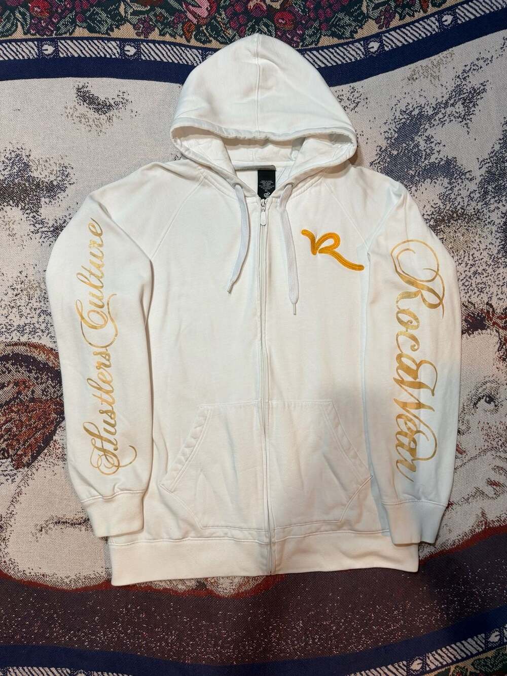 Rocawear Hustler Culture Full Zip White Hoodie with Gold Script